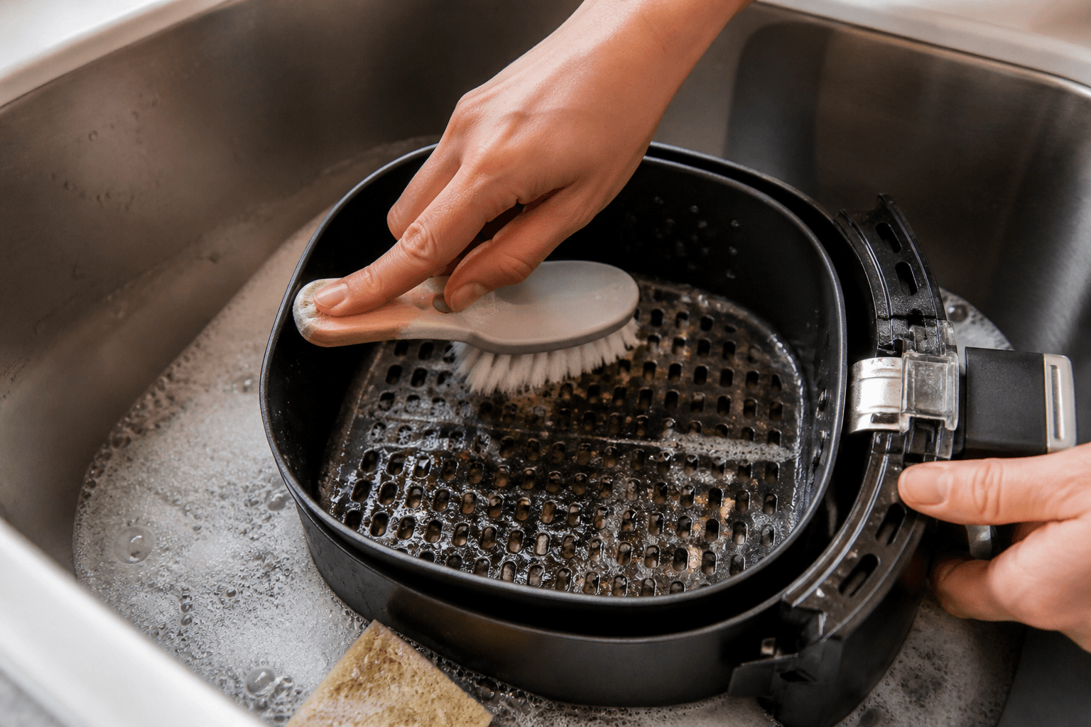 Børste og svamp ved rengøring af airfryer-kurv