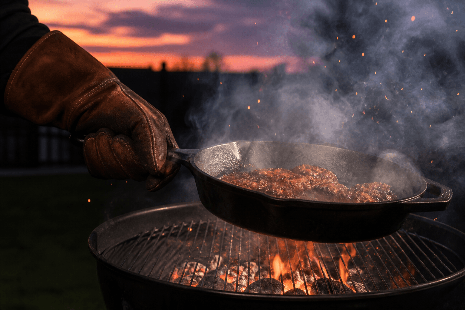 Handske der løfter en varm støbejernspande ved grillen