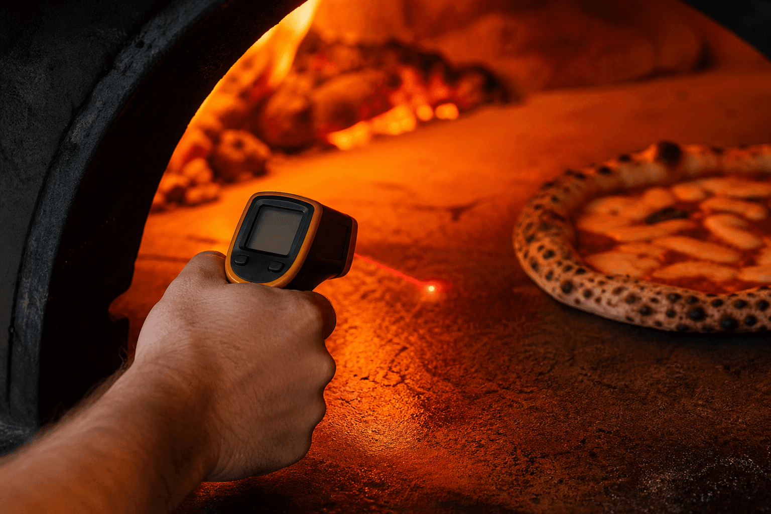 Infrarødt termometer rettet mod pizzasten