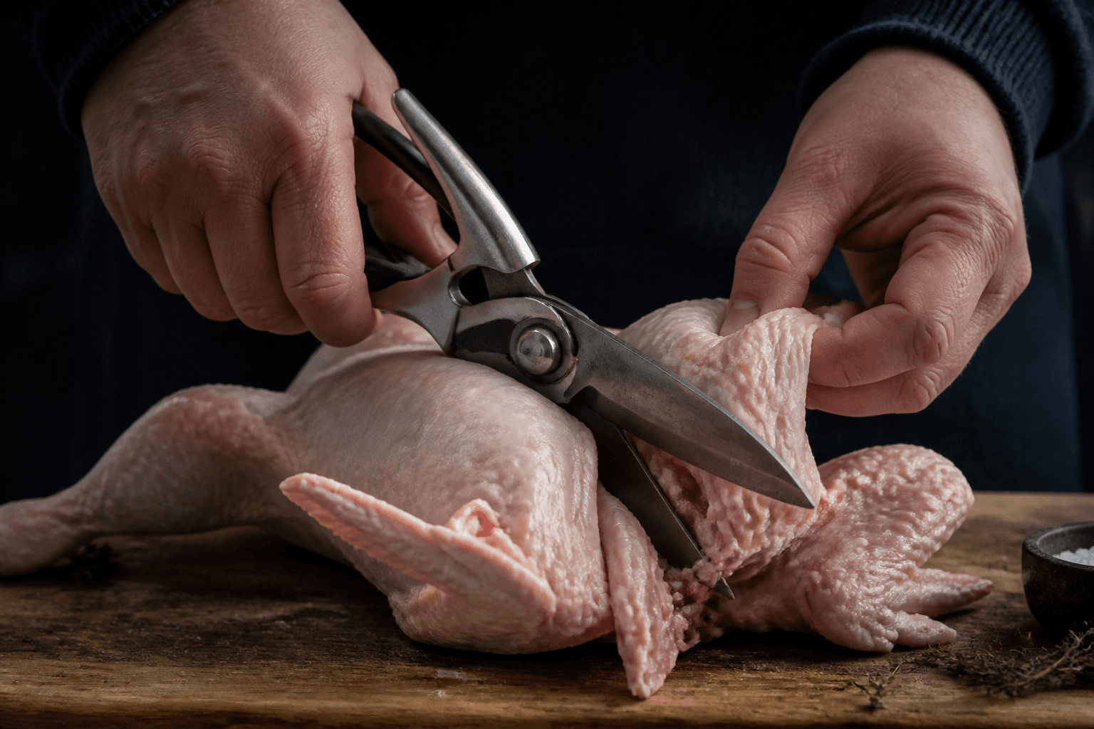 Kraftig køkkensaks ved en kyllingekrop på skærebræt