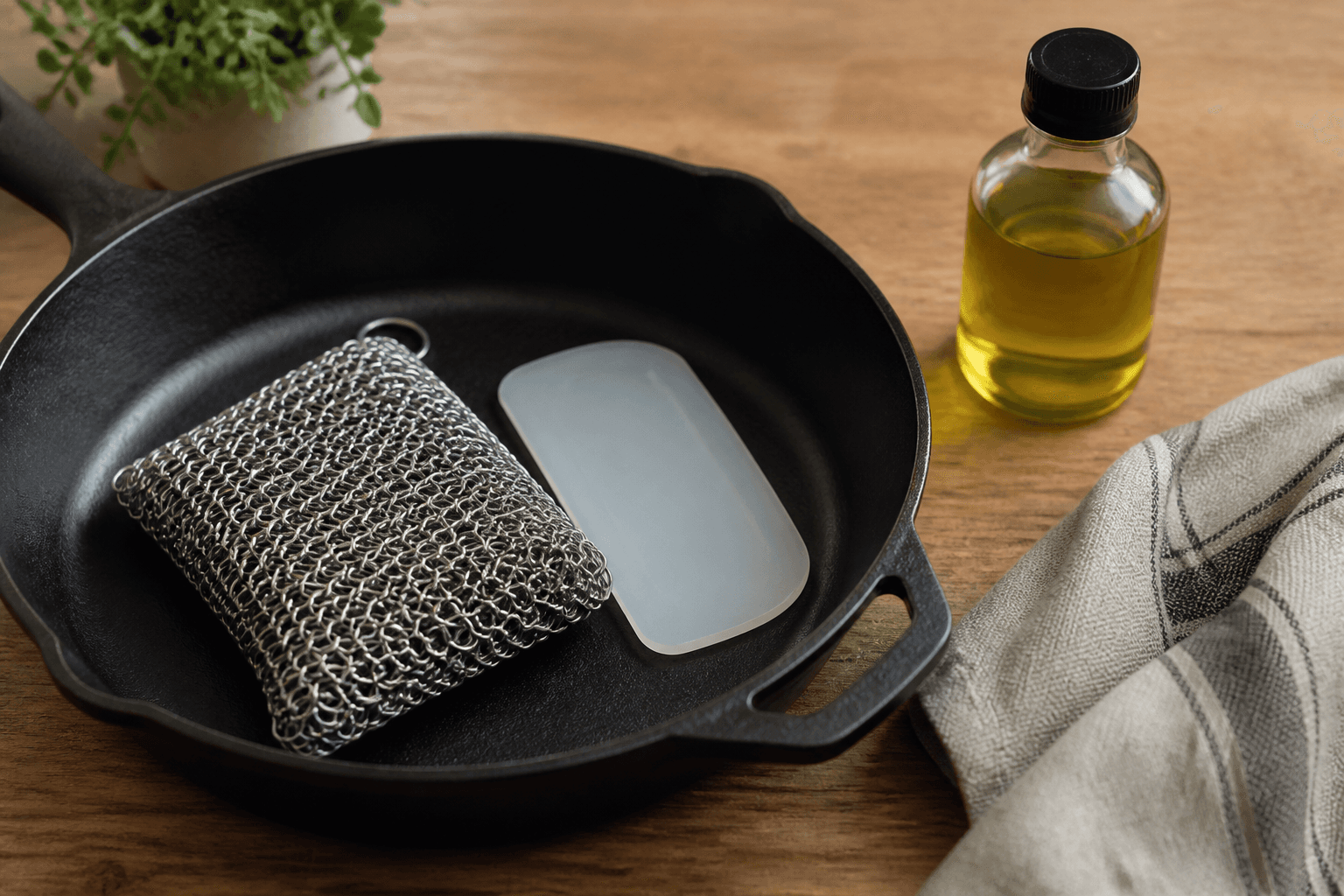 Chainmail-skrubber og palmyra-børste ved støbejernspande