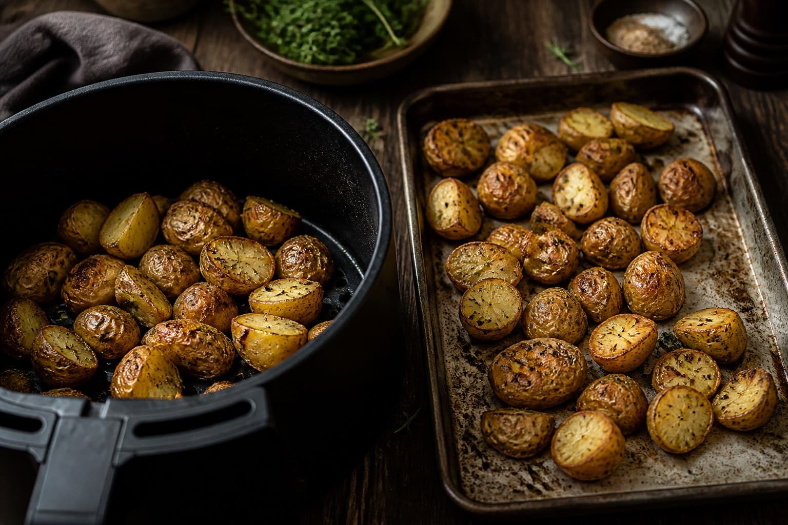 Airfryer-kurv og ovnplade med samme kartofler