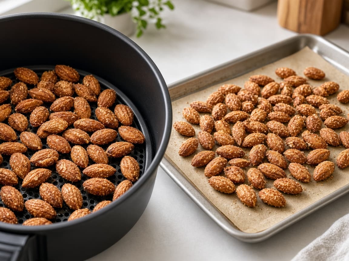 Ristede mandler i airfryer-kurv og på ovnbakke
