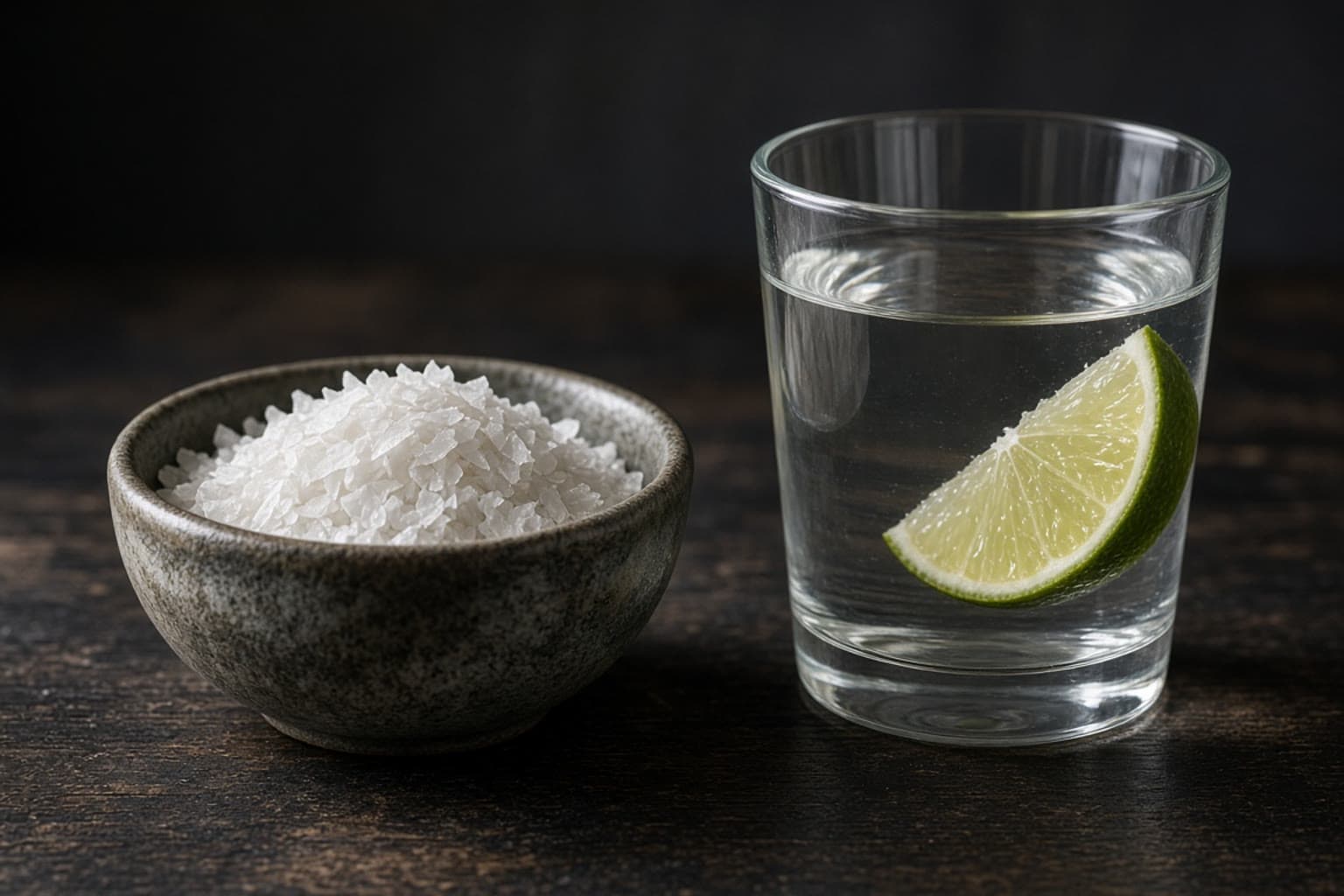 Flagesalt i skål ved et glas elektrolyt-vand med lime