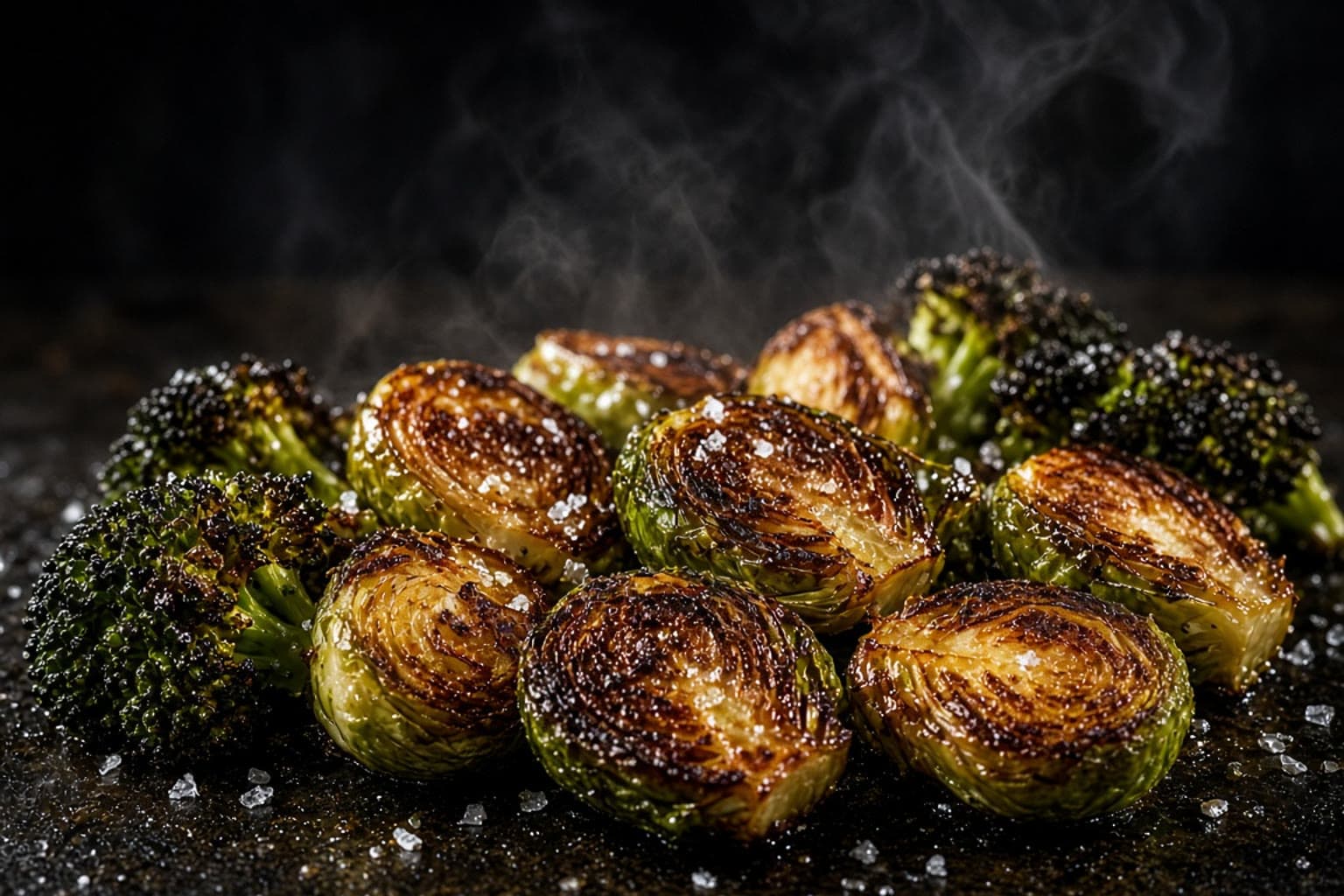 Dybt brunede rosenkål og broccoli på plancha med flagesalt