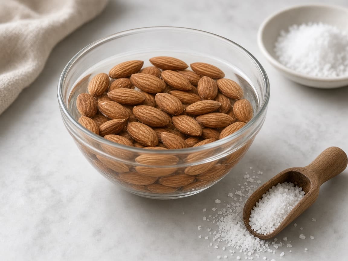 Mandler i klar saltlage i glasskål