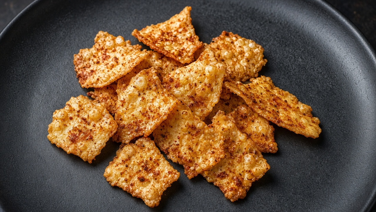 Sprøde hytteost-chips med paprika på mørk tallerken