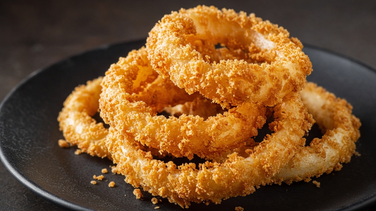 Sprøde hytteost-onion rings med flæskesvær-coating