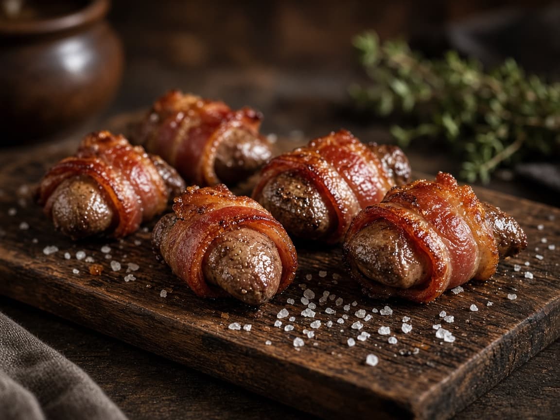 Baconindsvøbte kyllingelevere på et mørkt bræt med flagesalt