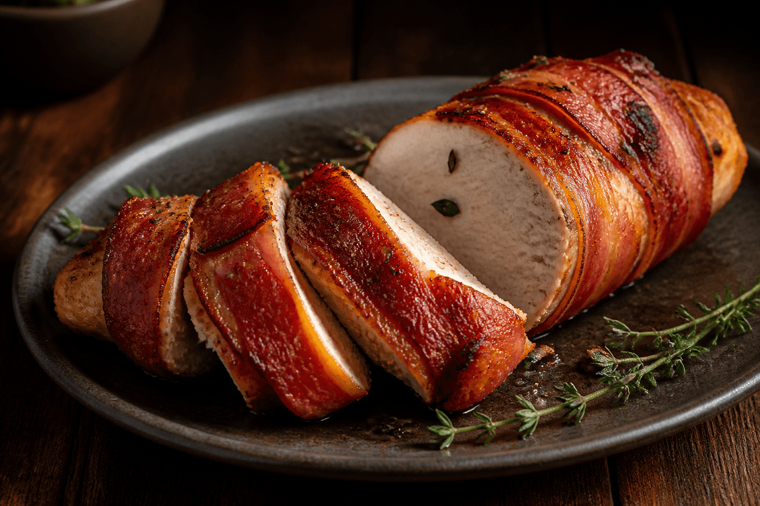 Baconsvøbt kyllingebryst skåret over på mørk tallerken med timian