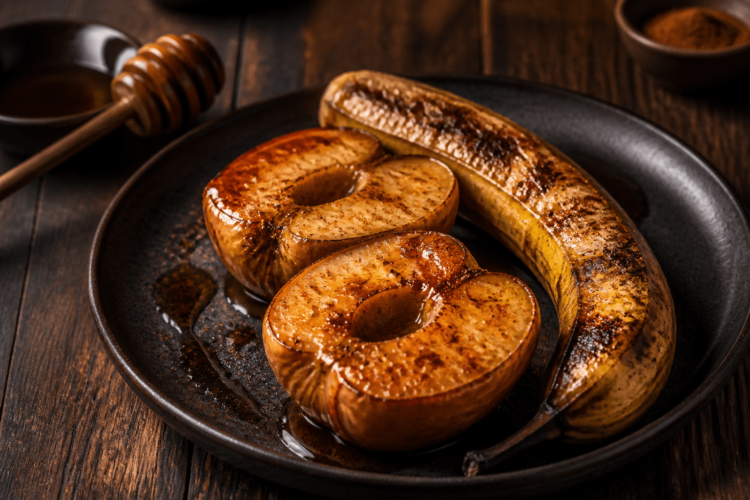 Bagte æbler og banan med kanel og honning på mørk tallerken