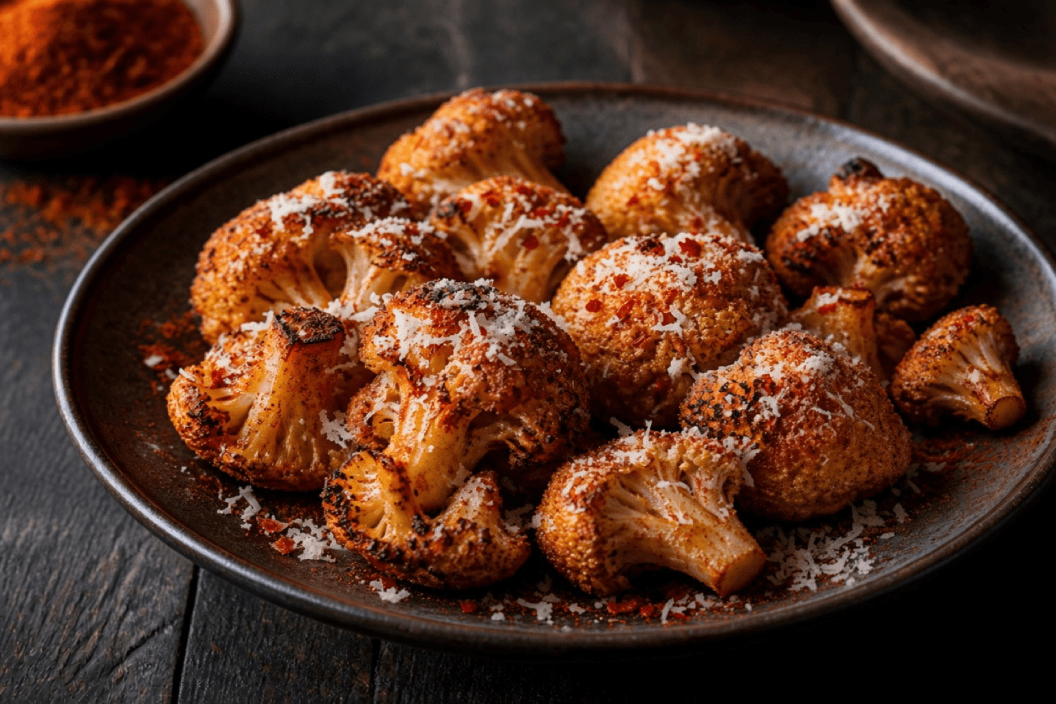 Ristede blomkålsbuketter med chili og parmesan