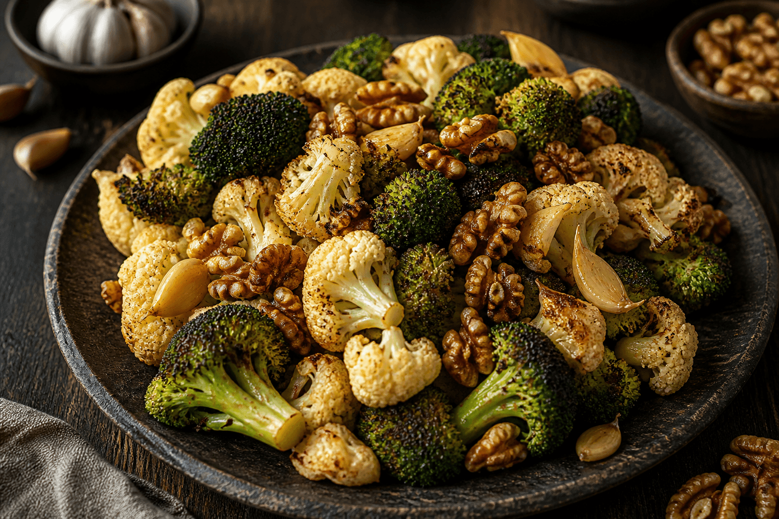 Ristet broccoli og blomkål med hvidløg og valnødder på mørk tallerken