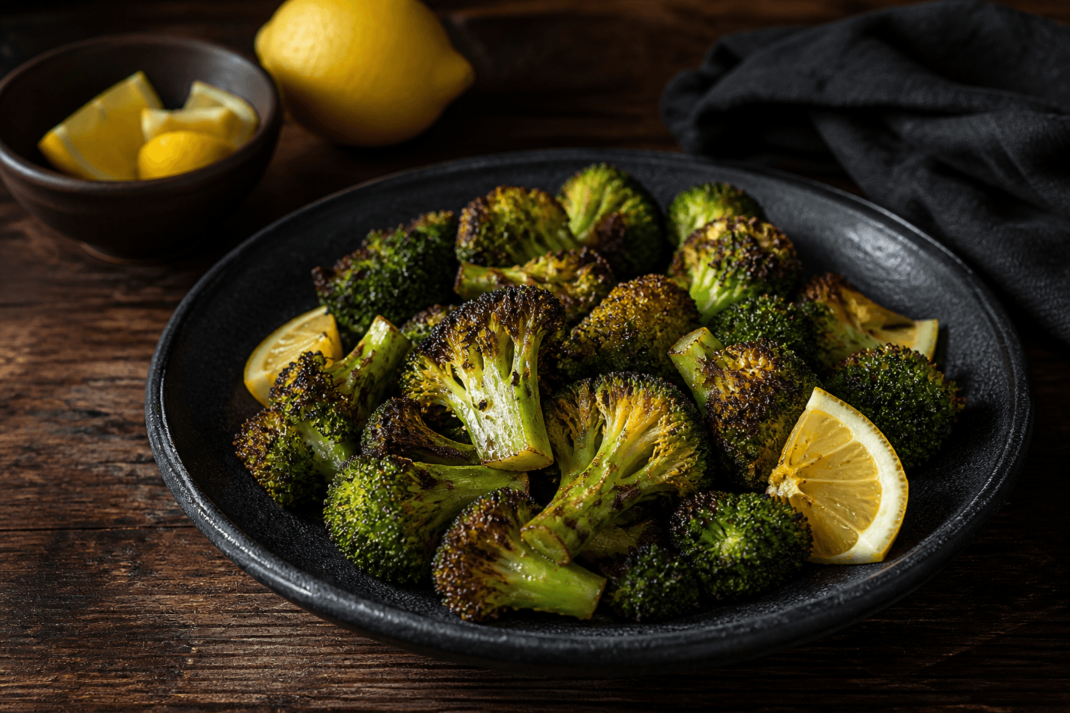Ristede broccolibuketter med gyldne kanter på mørk tallerken
