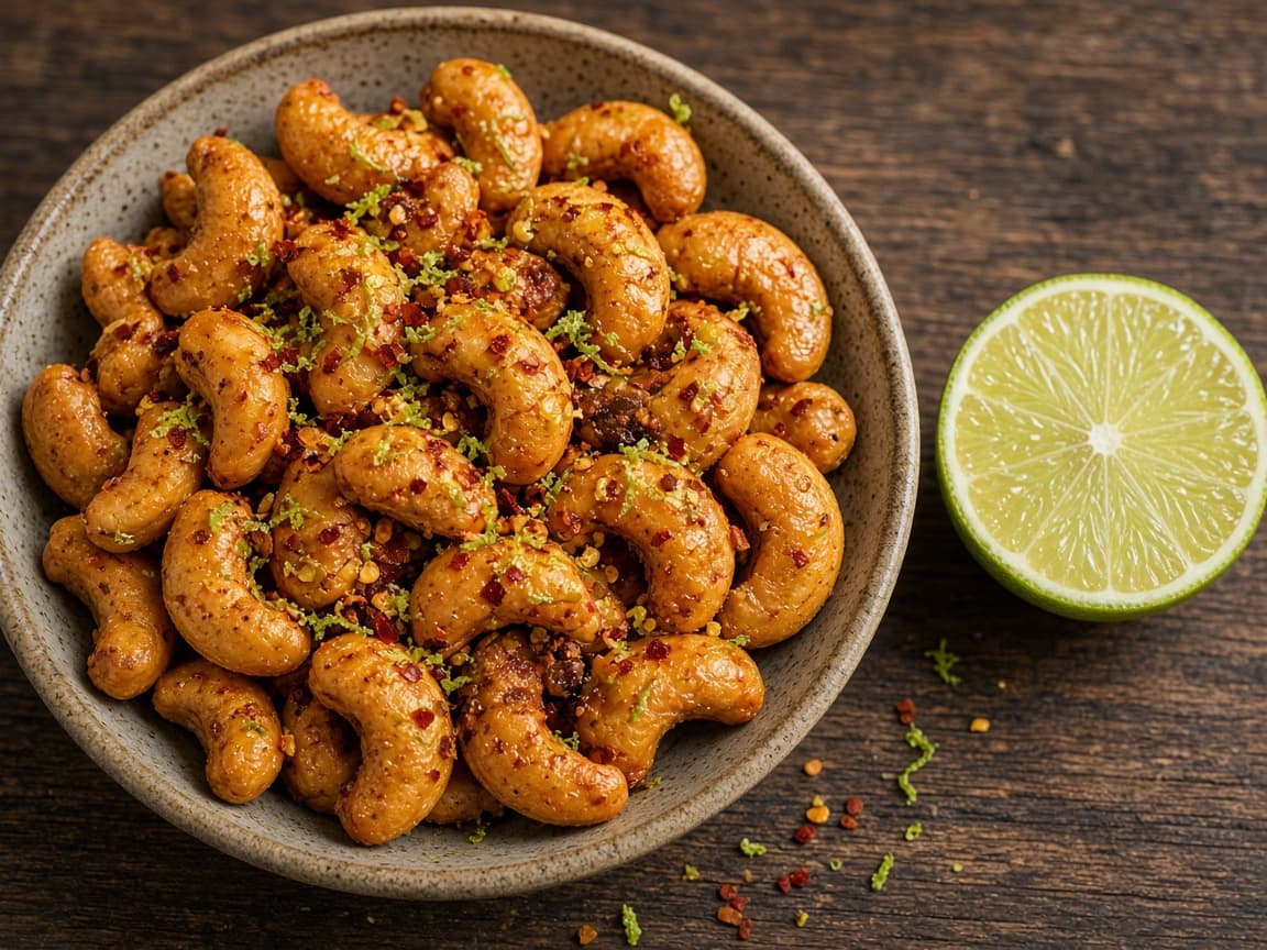 Saltede cashewnødder med lime og chili i skål