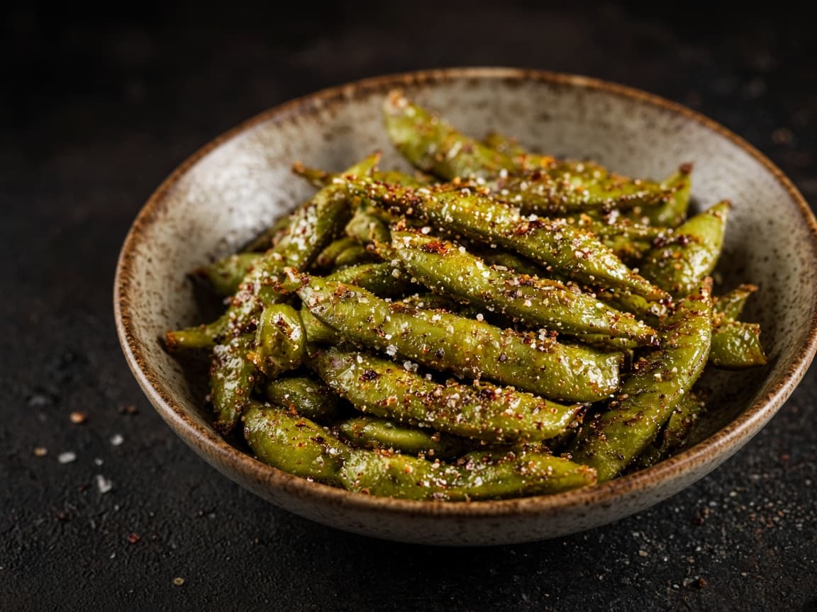 Chili-edamame med flagesalt i skål
