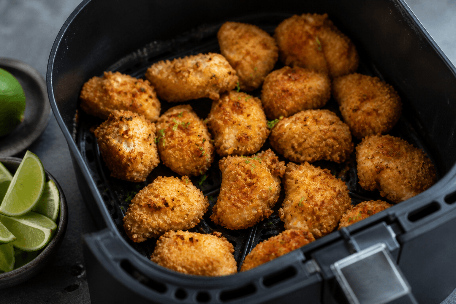 Sprøde chili-lime kyllingenuggets med panko og limebåde