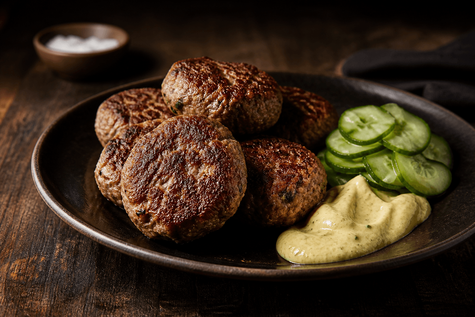 Gyldne frikadeller på mørk tallerken med remoulade og agurk