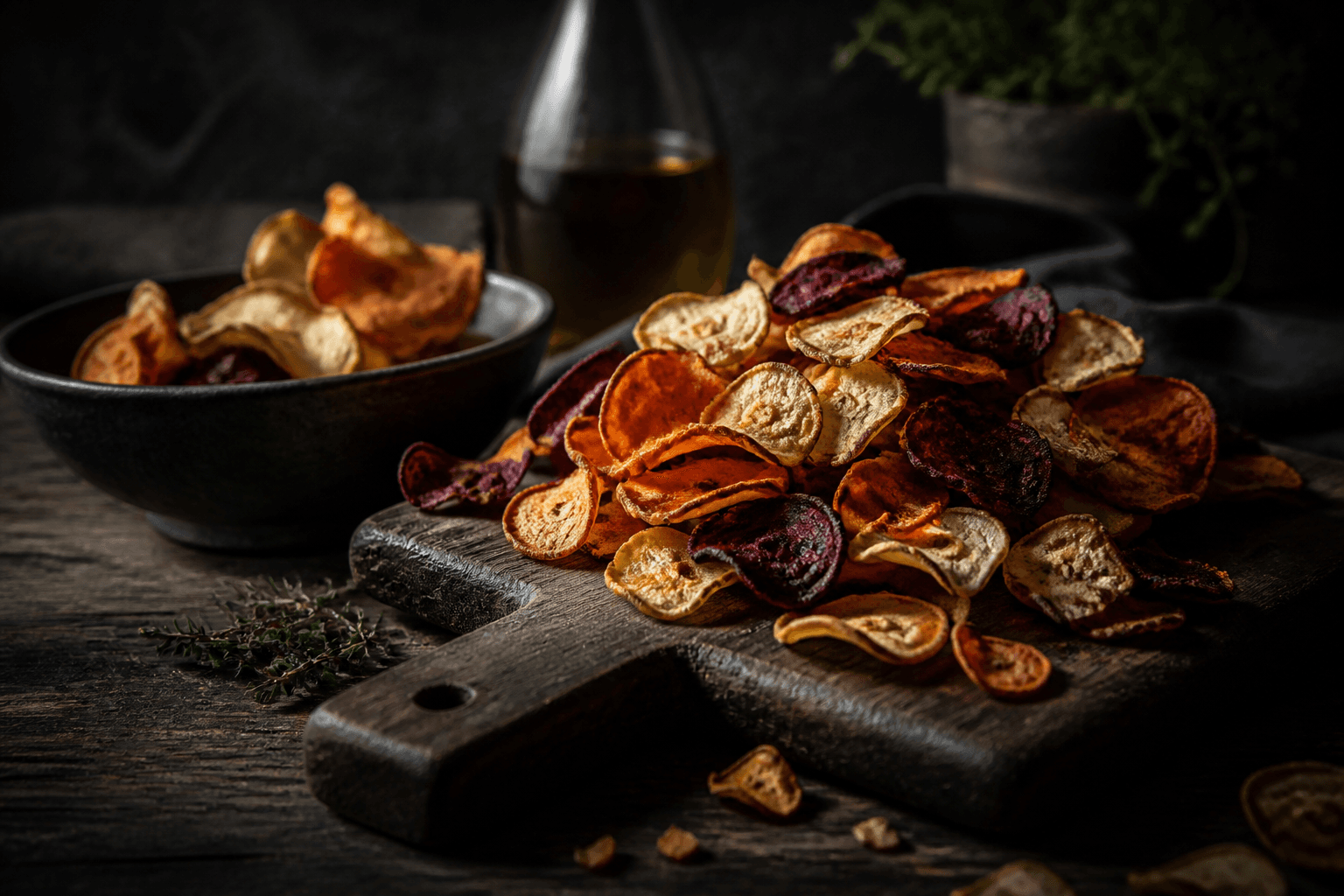 Farverige grøntsags-chips af gulerod, pastinak og rødbede på træbræt