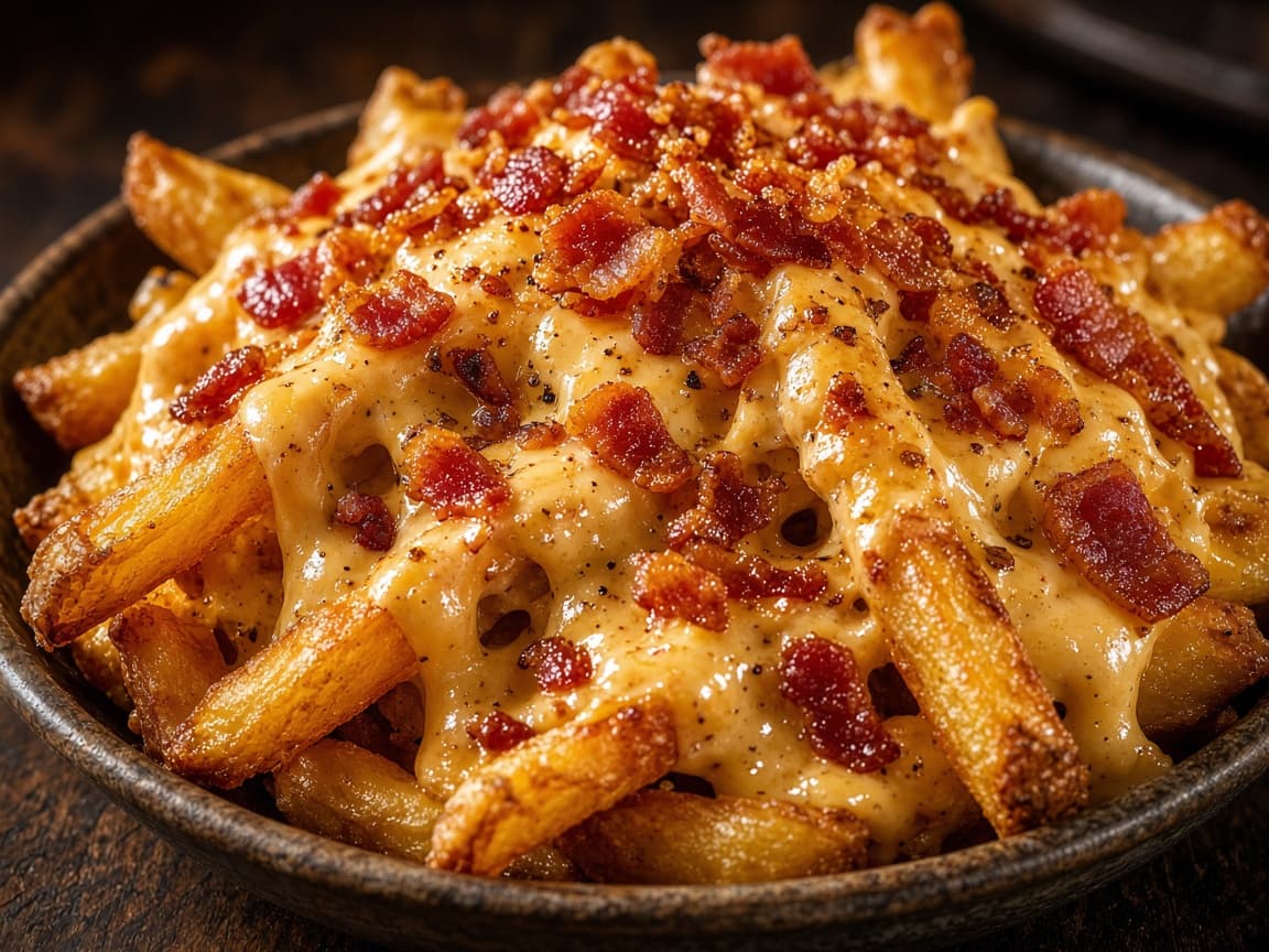 Rustikke grovfritter overhældt med bacon-cheese sauce