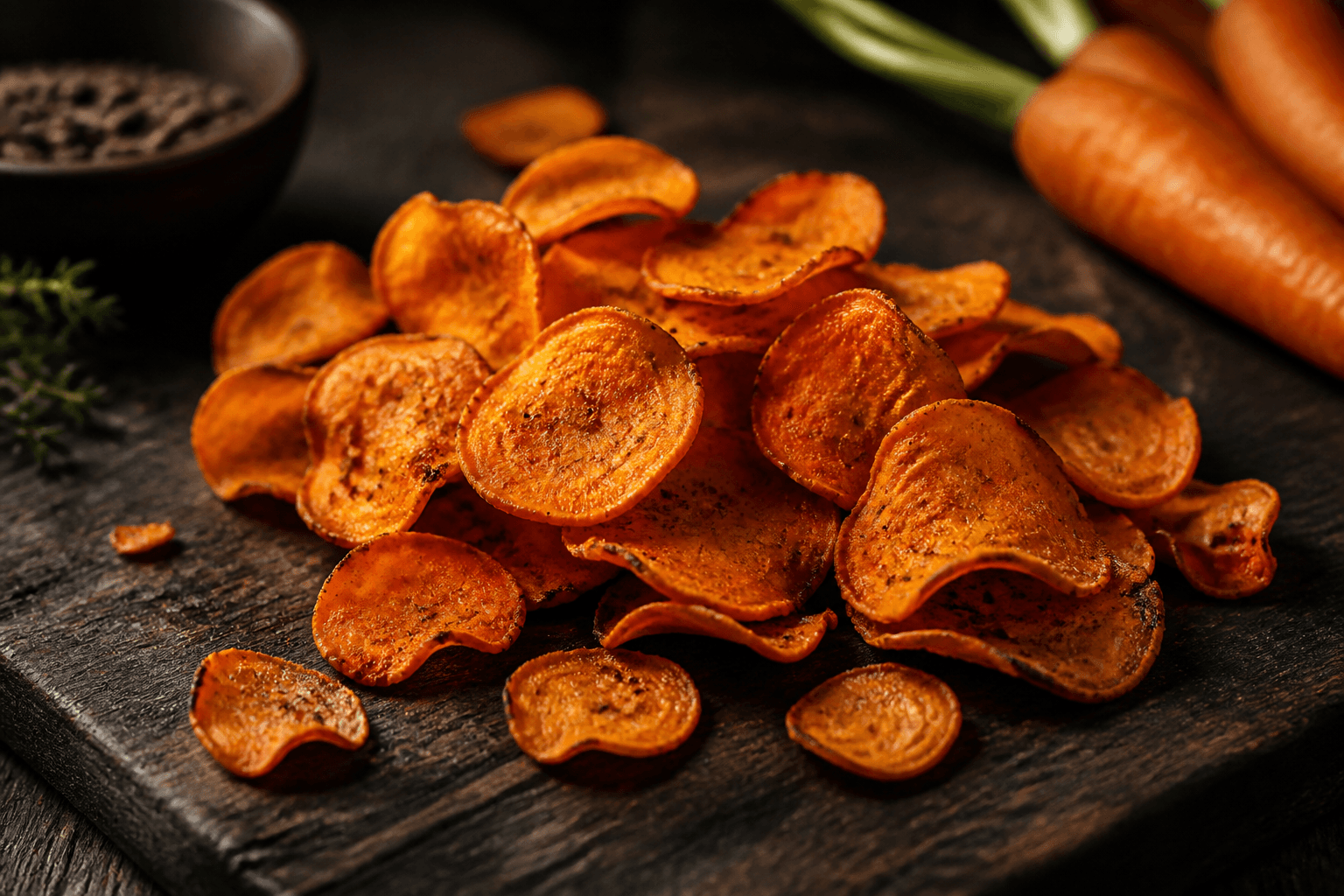 Sprøde krydrede gulerodschips på mørkt træbord