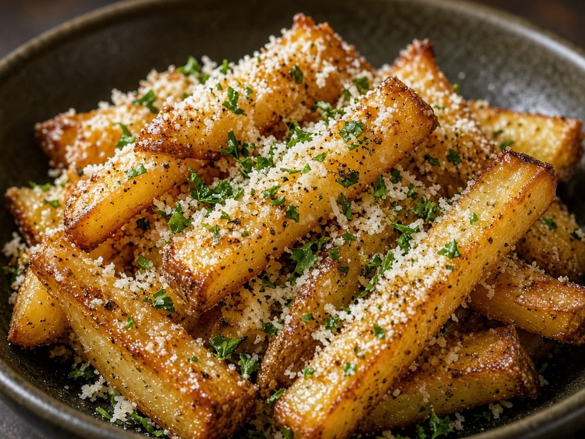 Grovfritter vendt i parmesan, hvidløgsolie og frisk persille
