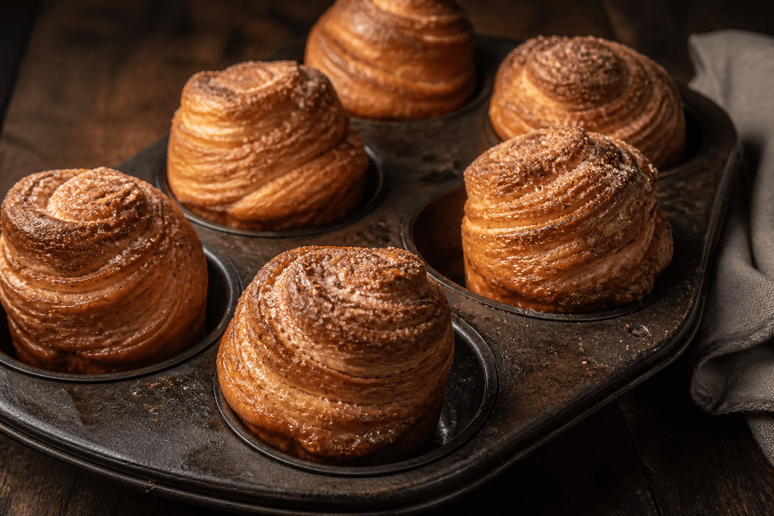 Karamelliserede cruffins med sprøde lag på mørkt træbord