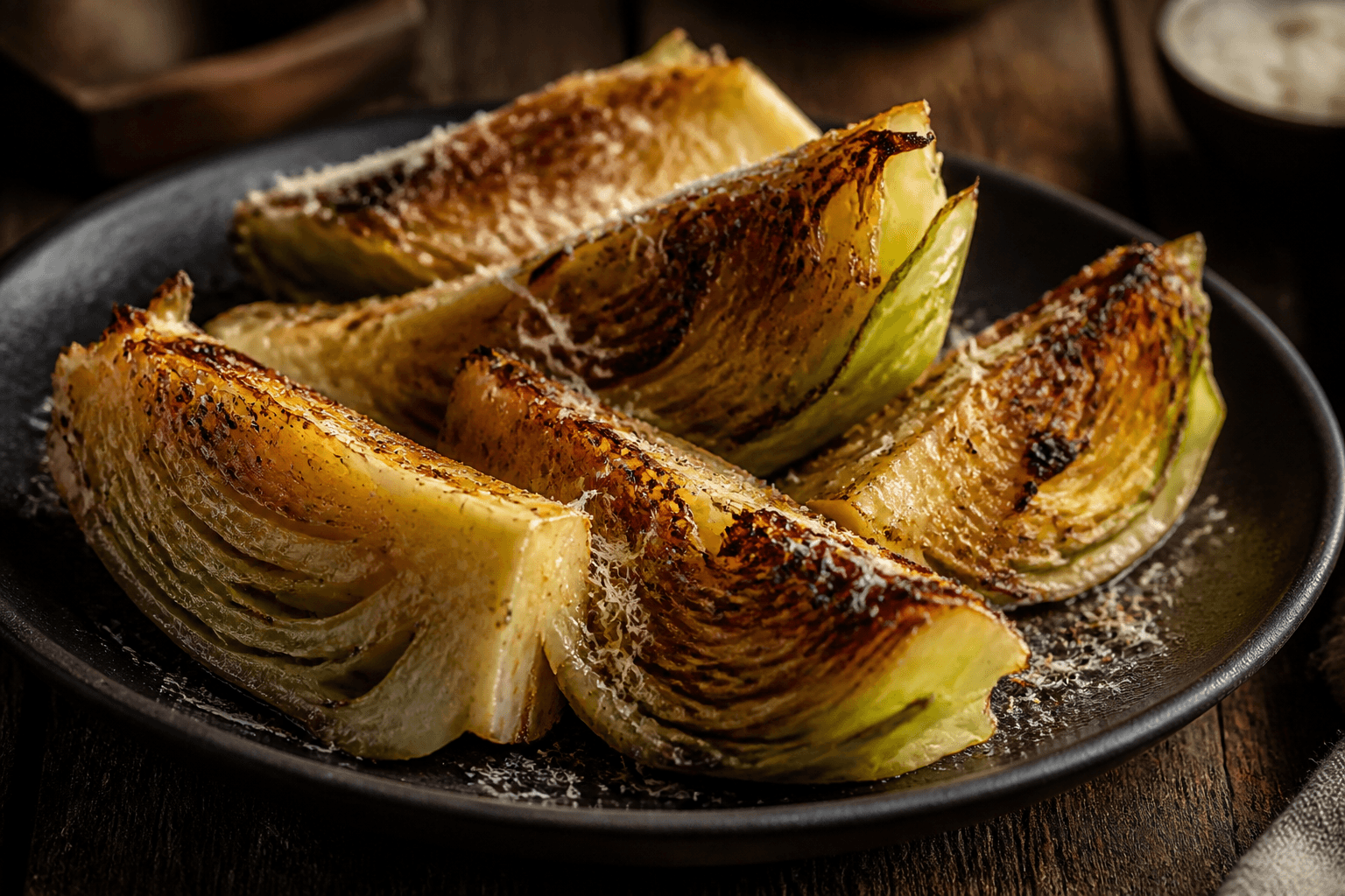 Karamelliseret spidskål med parmesan på mørk tallerken