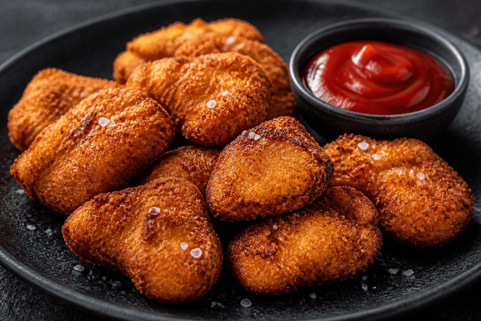 Sprøde kyllingenuggets med ketchup på mørk tallerken