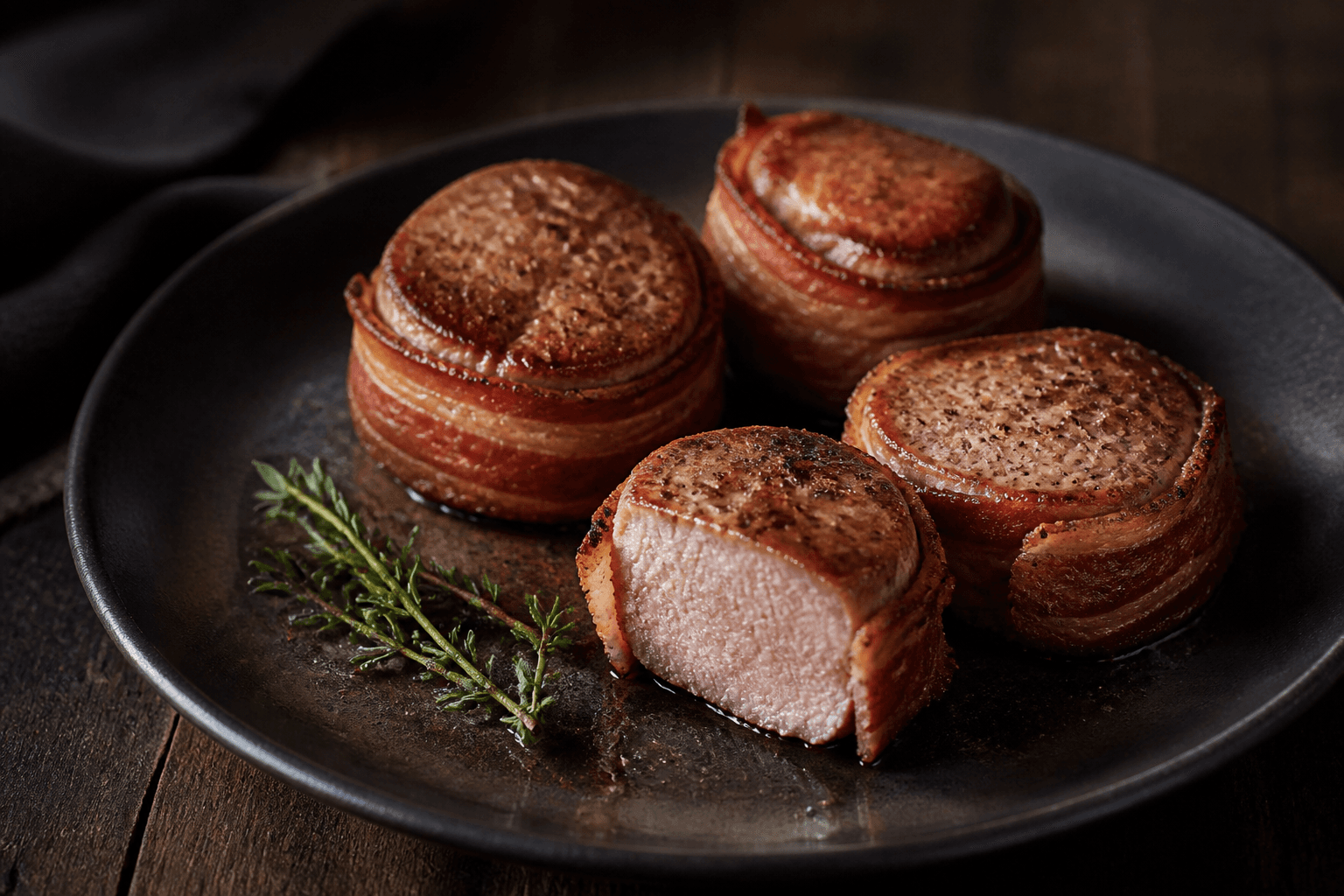 Mørbradbøffer svøbt i bacon på mørk tallerken