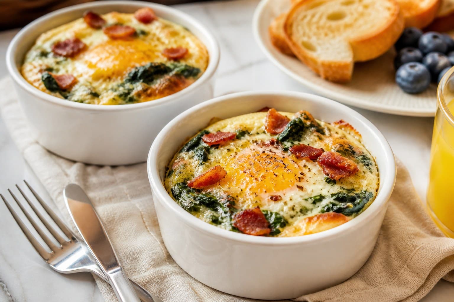 Bagt æg i ramekin med bacon, spinat og fløde