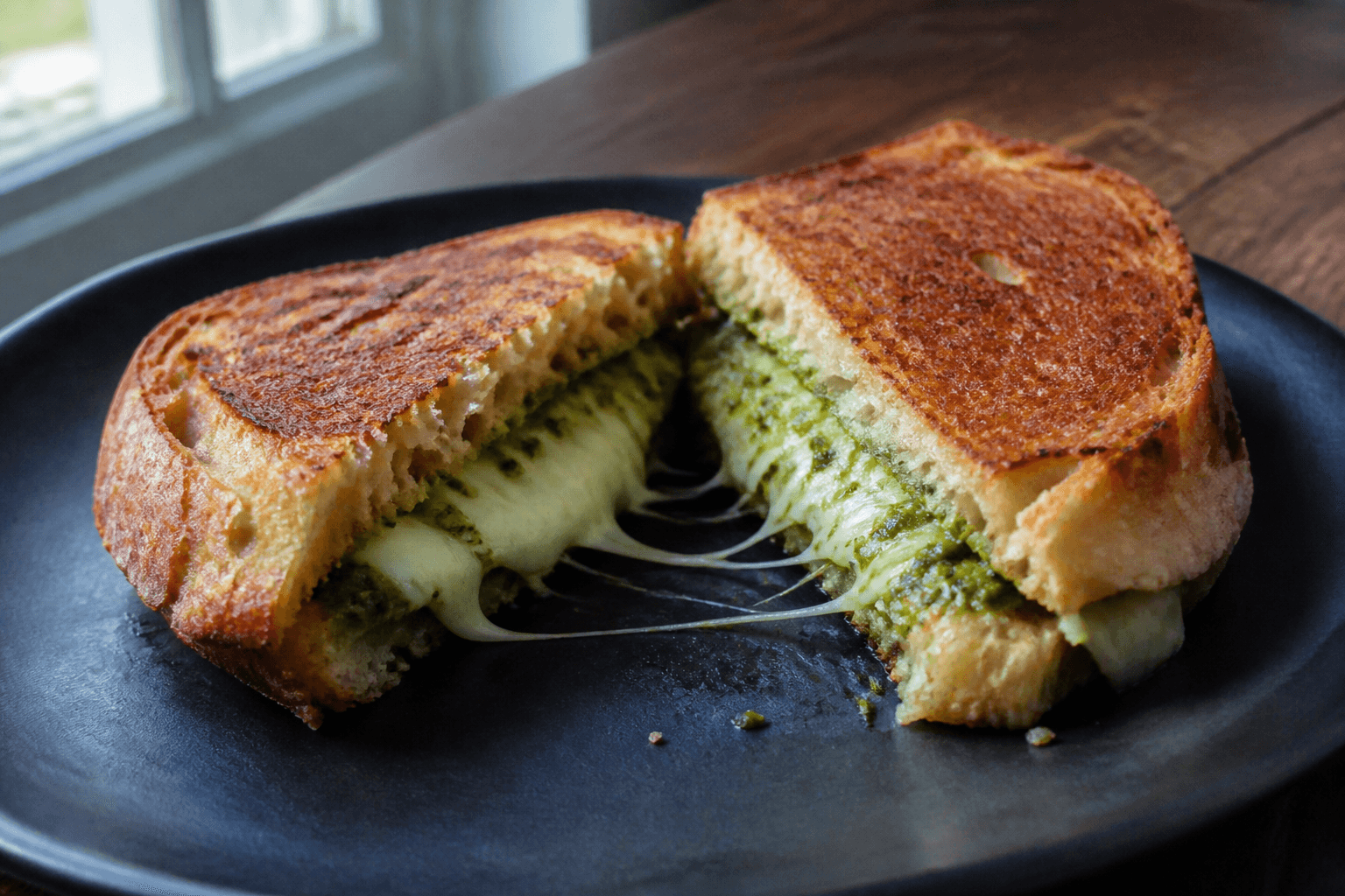 Panini med pesto og mozzarella skåret over