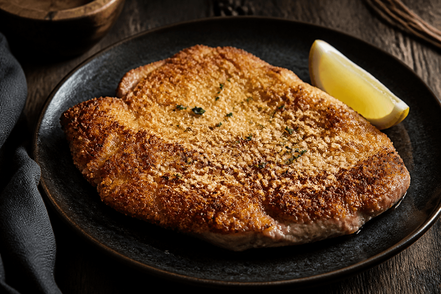 Parmesan-panerede karbonader med citron på mørk tallerken