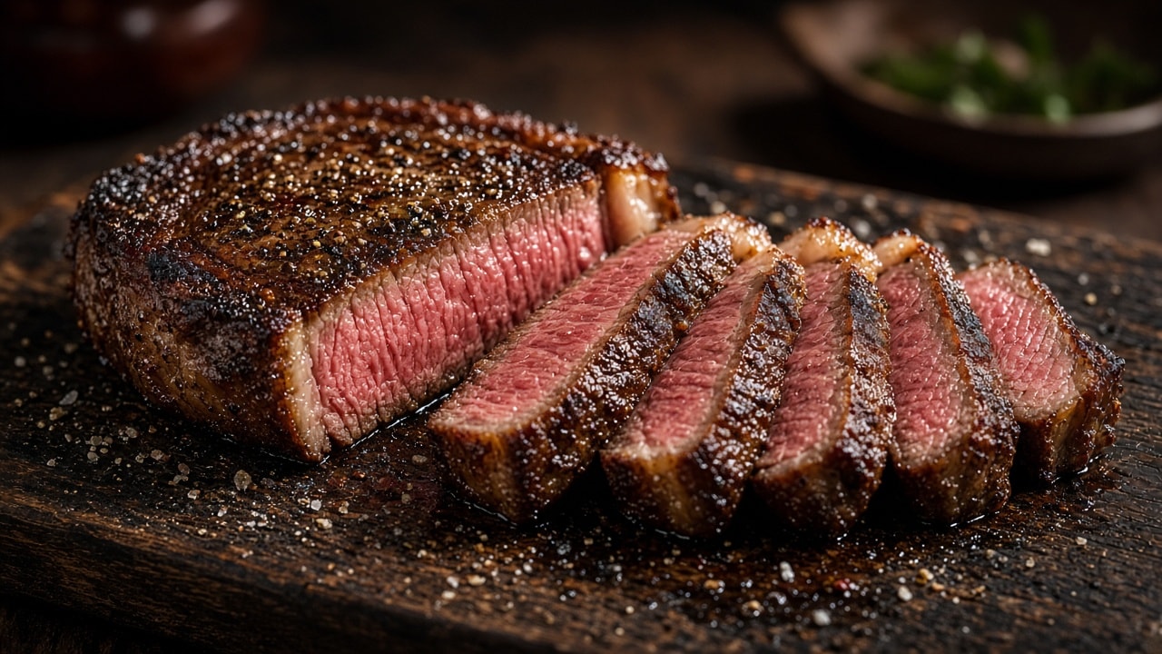 Tyk ribeye med mørk chokbrun skorpe skåret i skiver