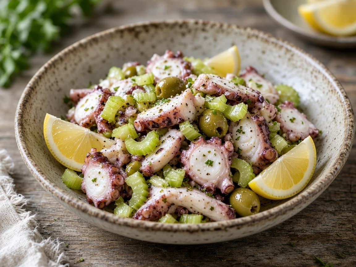 Blæksprutesalat med blegselleri, oliven og citron