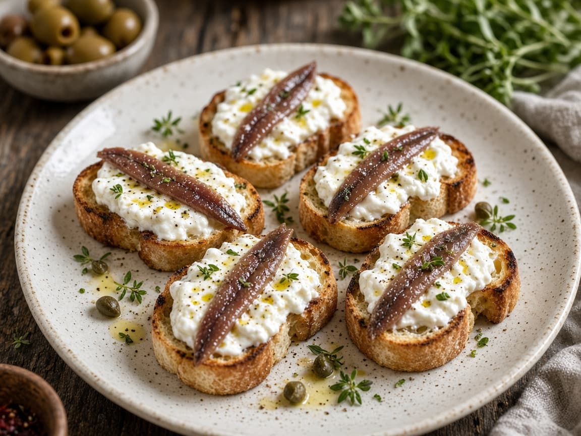 Crostini med stracciatella og ansjosfilet ovenpå