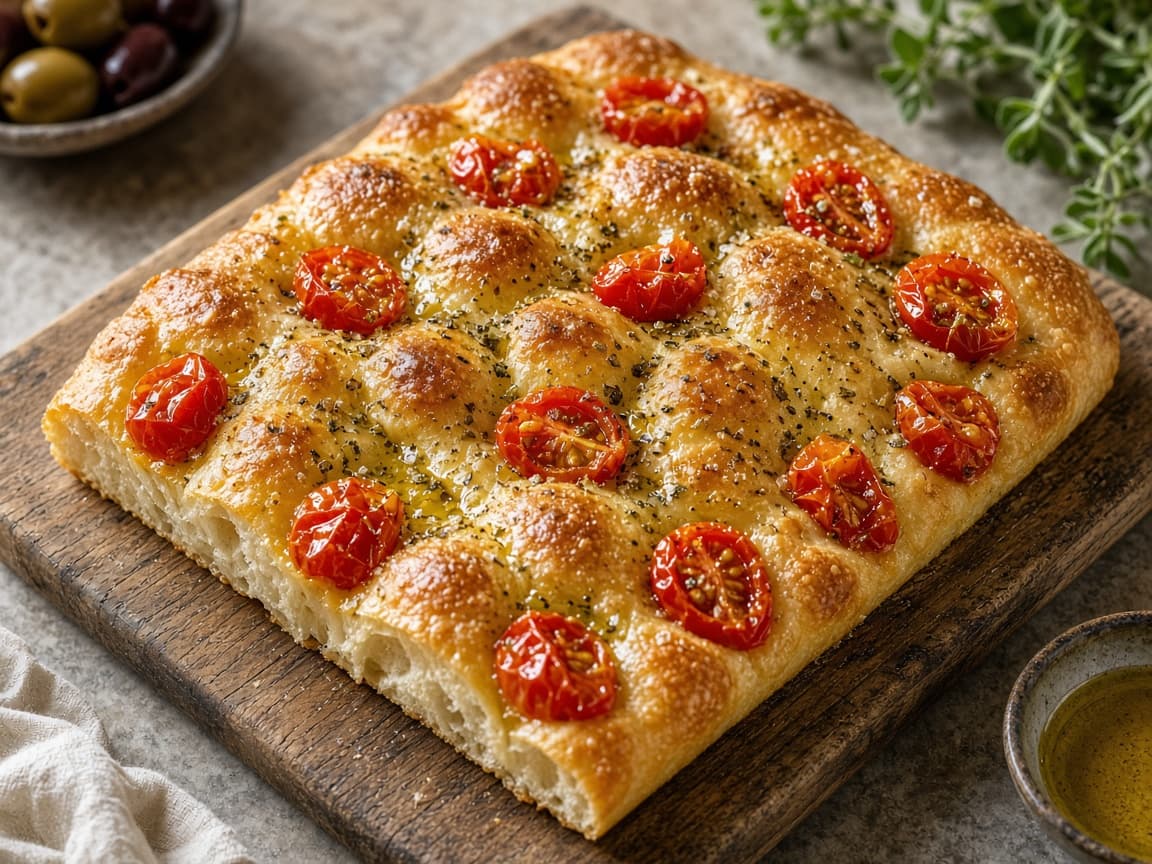 Focaccia barese med cherrytomater og oregano i olivenolie