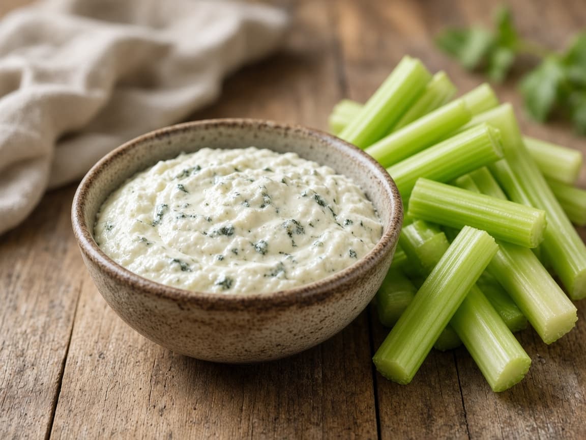 Skål med gorgonzola-creme og selleristænger til dypning