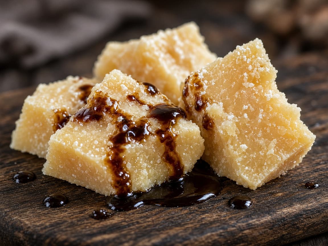 Uregelmæssige parmesan-chunks dryppet med gammel balsamico