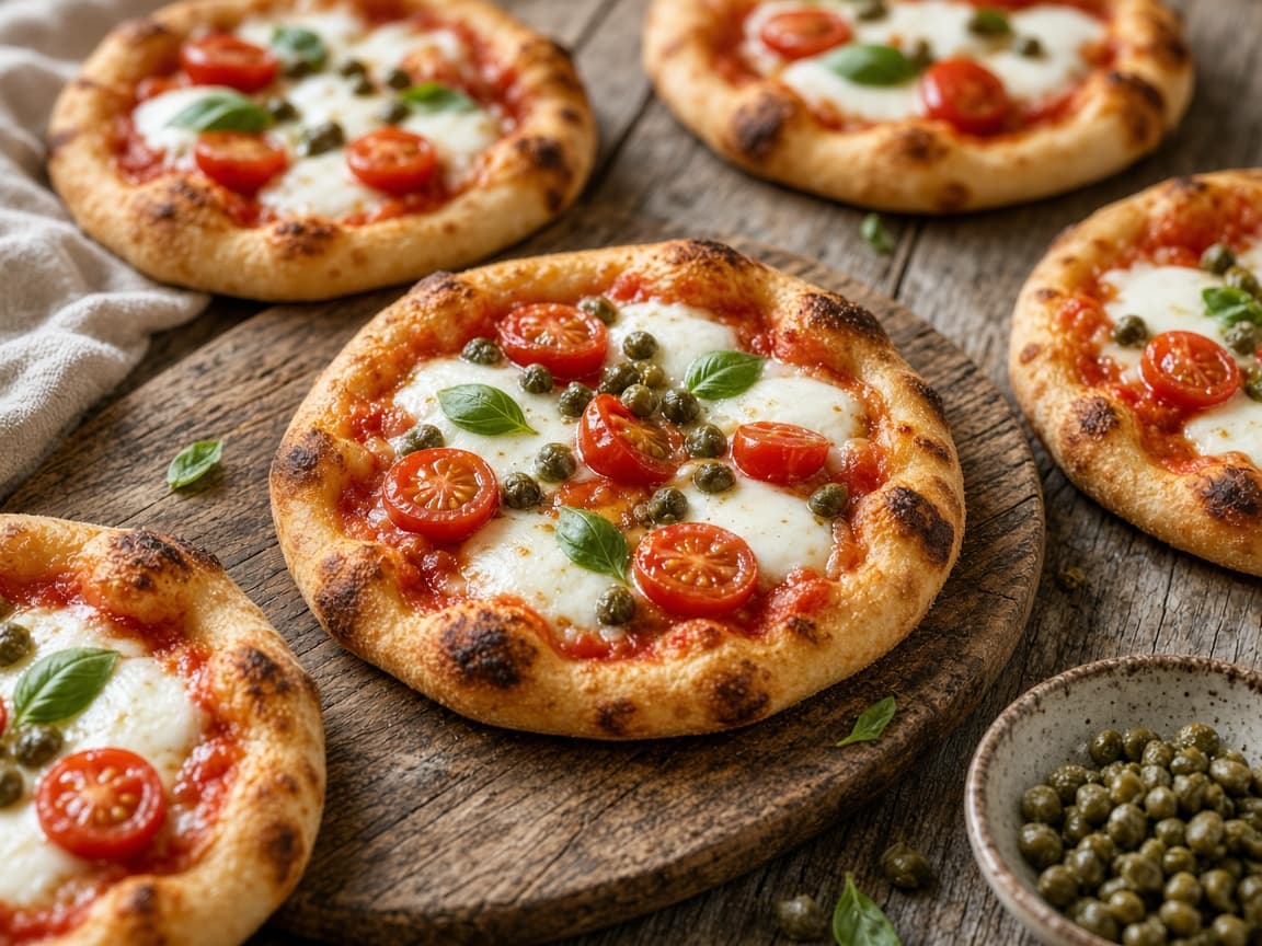 Mini-pizzettaer med tomat, mozzarella og kapers