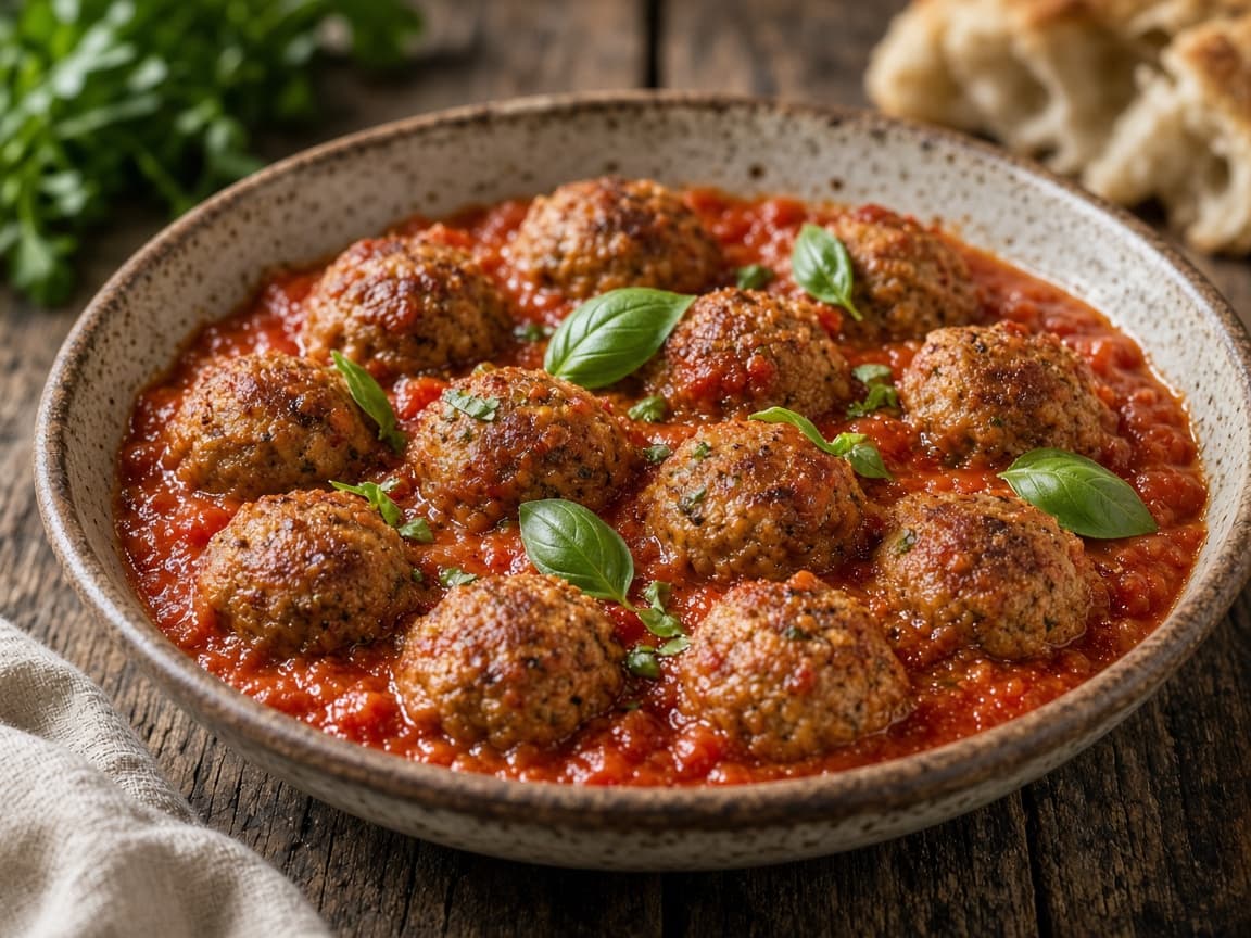 Små polpette i rød tomatsauce i fad