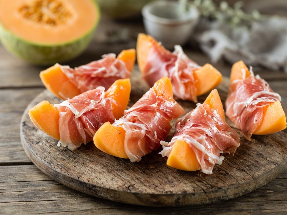 Parmaskinke viklet om saftige melonbåde