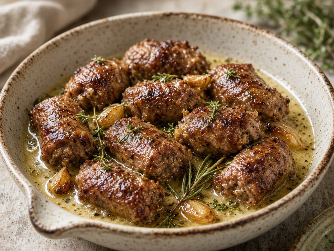 Stegte salsiccia-stykker i hvidvinssauce
