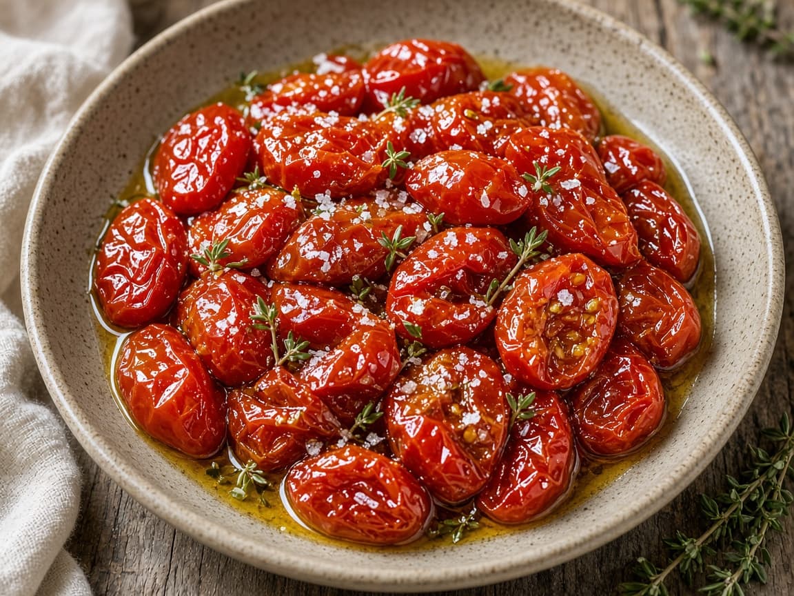Langtidsbagte semidried cherrytomater med timian og havsalt