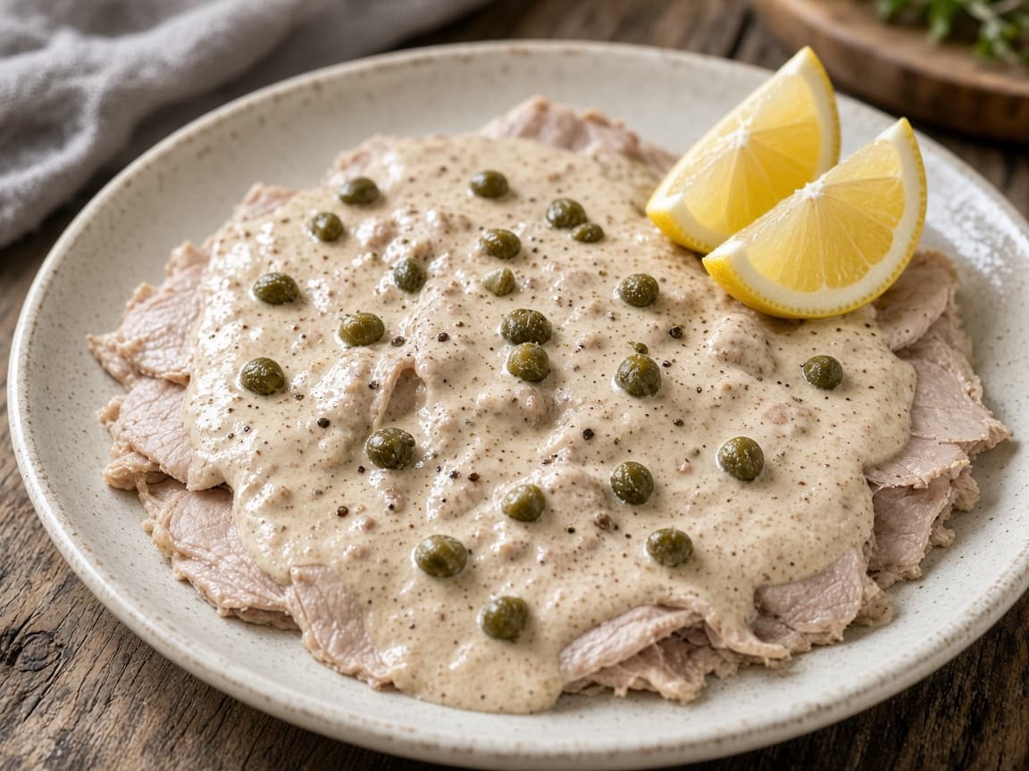 Tynde kalveskiver med cremet tunsauce og kapers