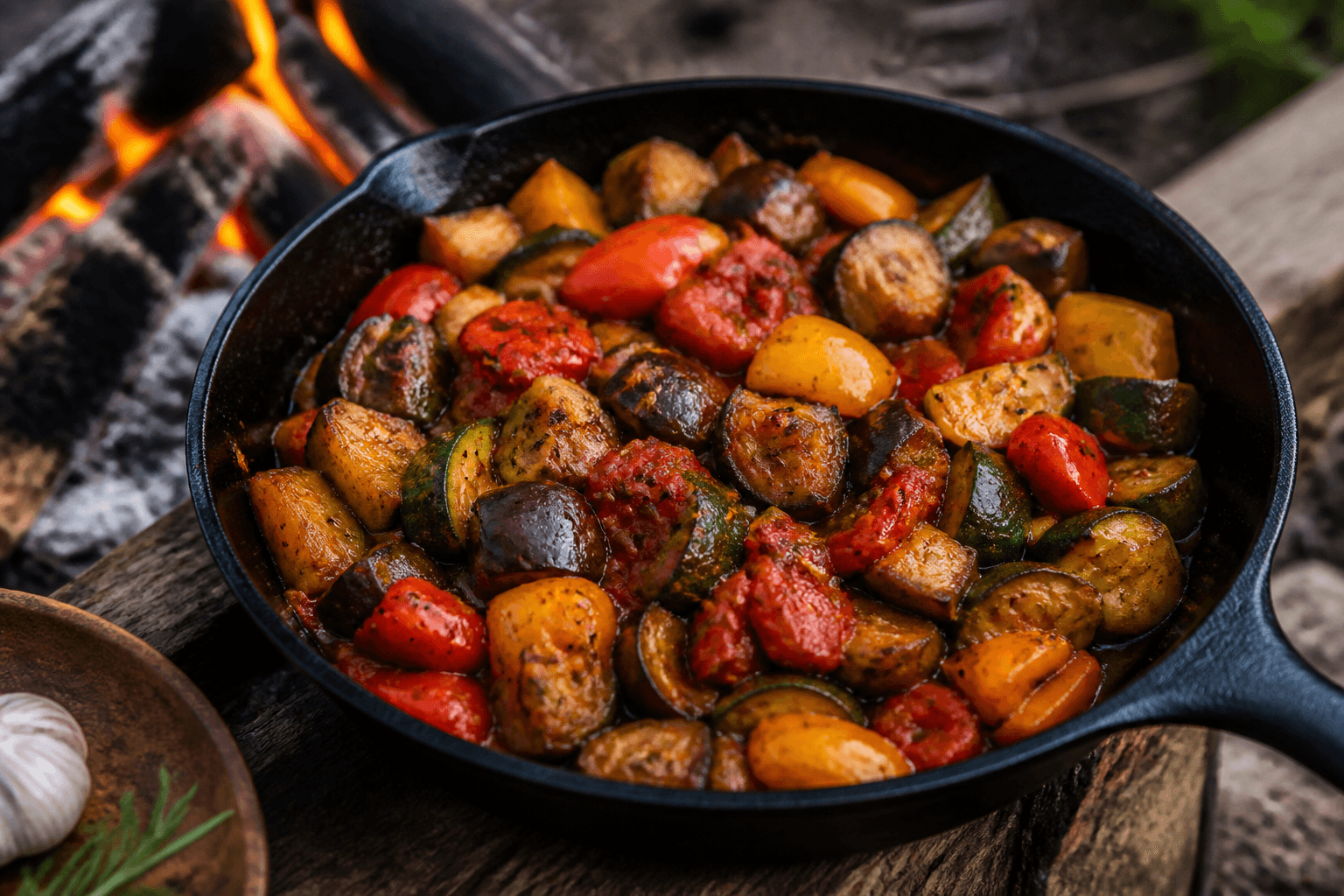 Grove stykker ratatouille i støbejernspande over bål med aubergine og peberfrugt