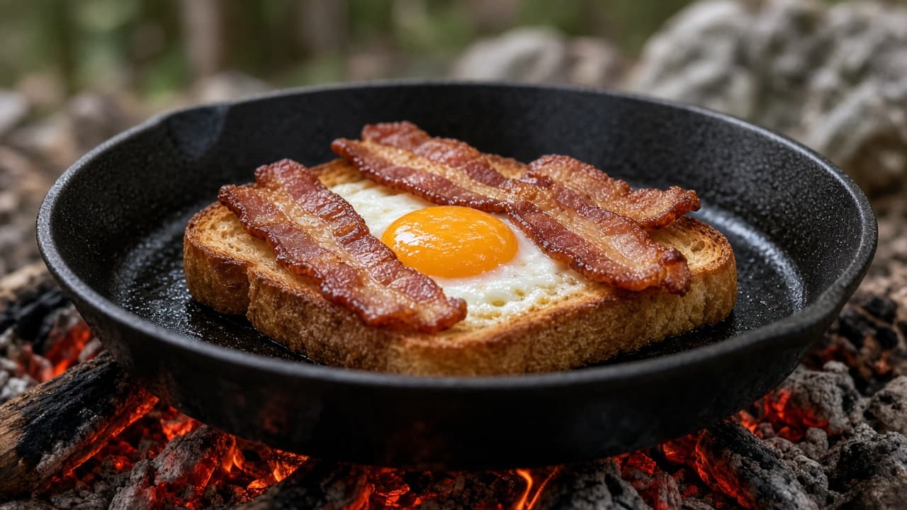 Cowboytoast med æg og bacon stegt i støbejern over bål