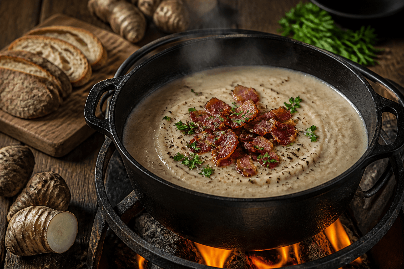 Cremet jordskokkesuppe i gryde over bål toppet med sprødt bacon