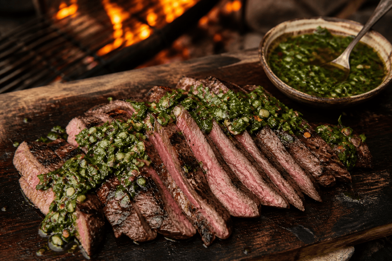 Lynstegt flanksteak skåret i tynde skiver med chimichurri ved bål