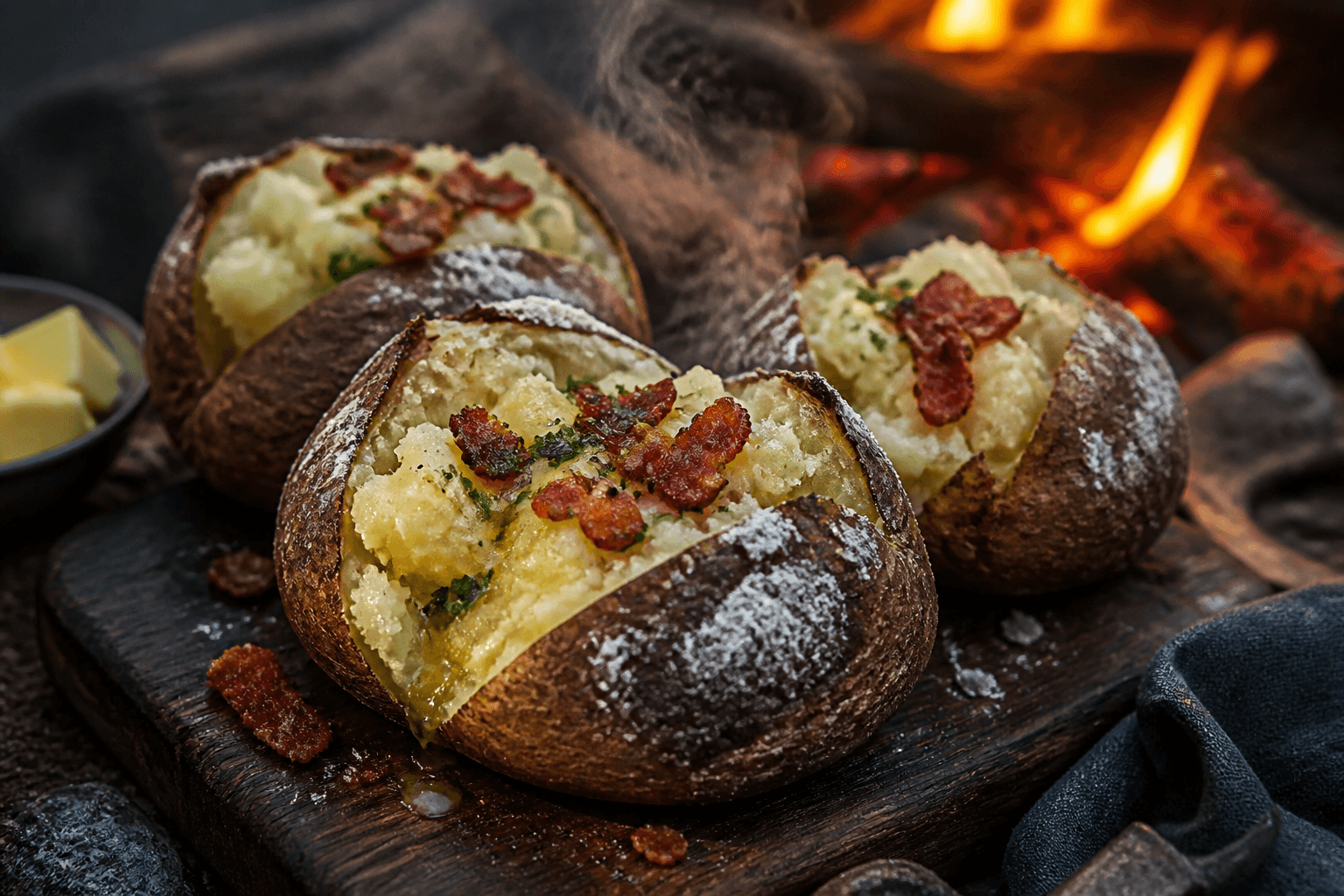 Glødebagekartofler fyldt med urtesmør og sprødt bacon